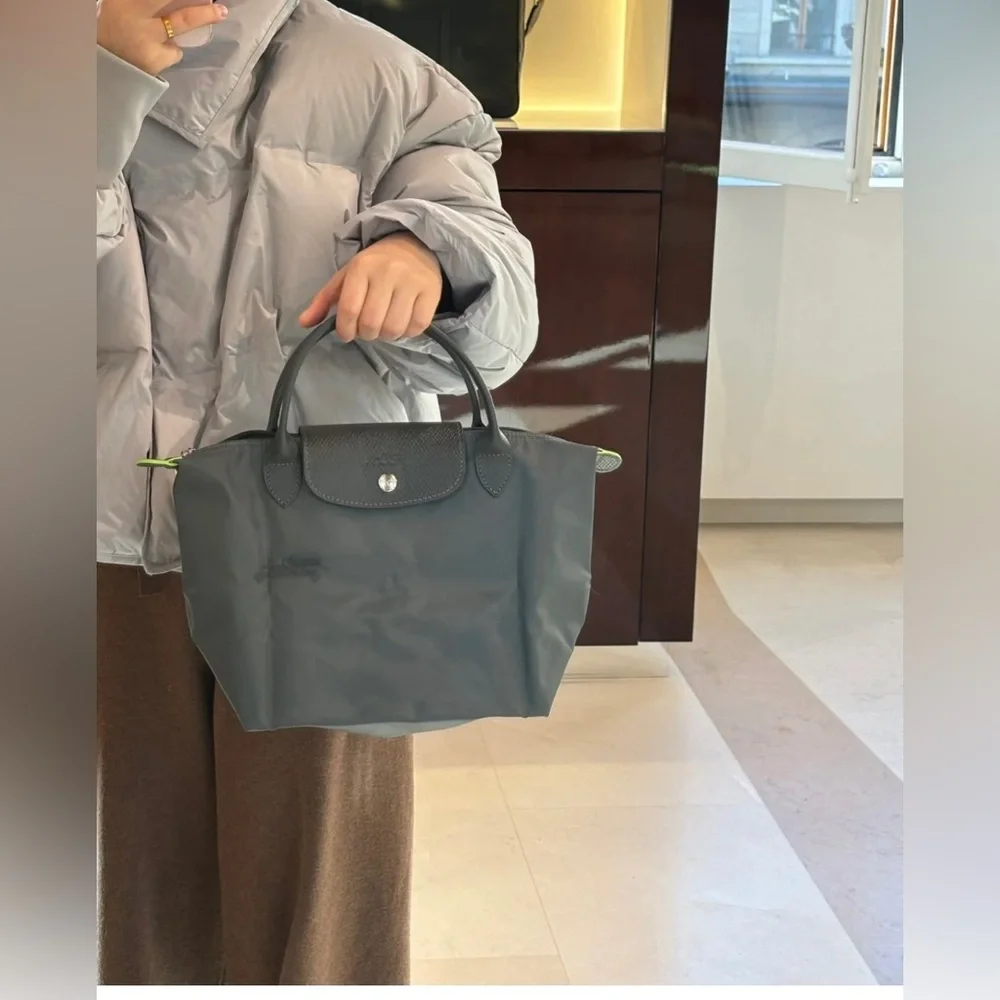 Le Pliage Green Recycled Canvas Top Handle Bag graphite color